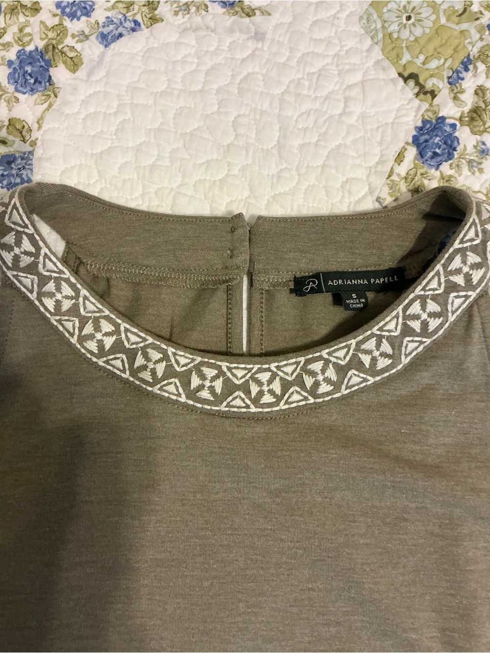 Adrianna Papell Taupe Short Sleeve Top with White Embroidered Neckline
